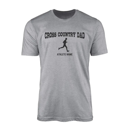 cross country dad with cross country runner icon and cross country runner name on a mens t-shirt with a black graphic