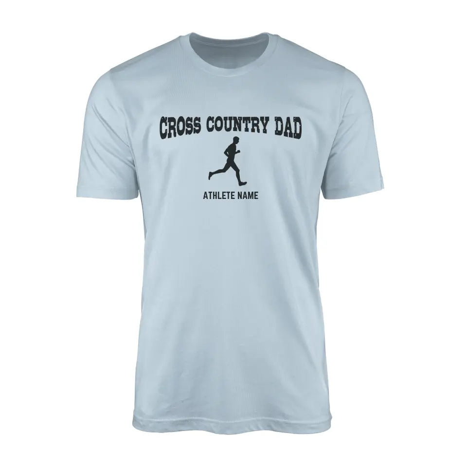 cross country dad with cross country runner icon and cross country runner name on a mens t-shirt with a black graphic