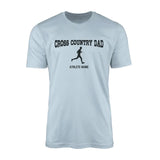 cross country dad with cross country runner icon and cross country runner name on a mens t-shirt with a black graphic