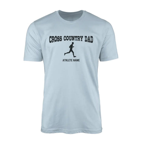 cross country dad with cross country runner icon and cross country runner name on a mens t-shirt with a black graphic