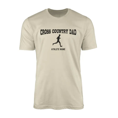 cross country dad with cross country runner icon and cross country runner name on a mens t-shirt with a black graphic