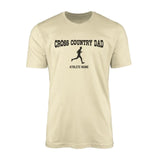 cross country dad with cross country runner icon and cross country runner name on a mens t-shirt with a black graphic