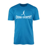 basic cross country with cross country runner icon on a mens t-shirt with a white graphic