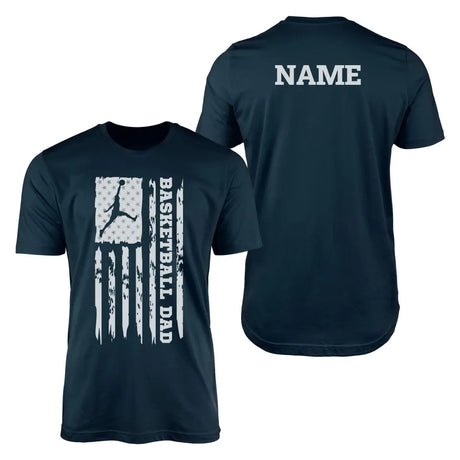 basketball dad vertical flag with basketball player name on a mens t-shirt with a white graphic