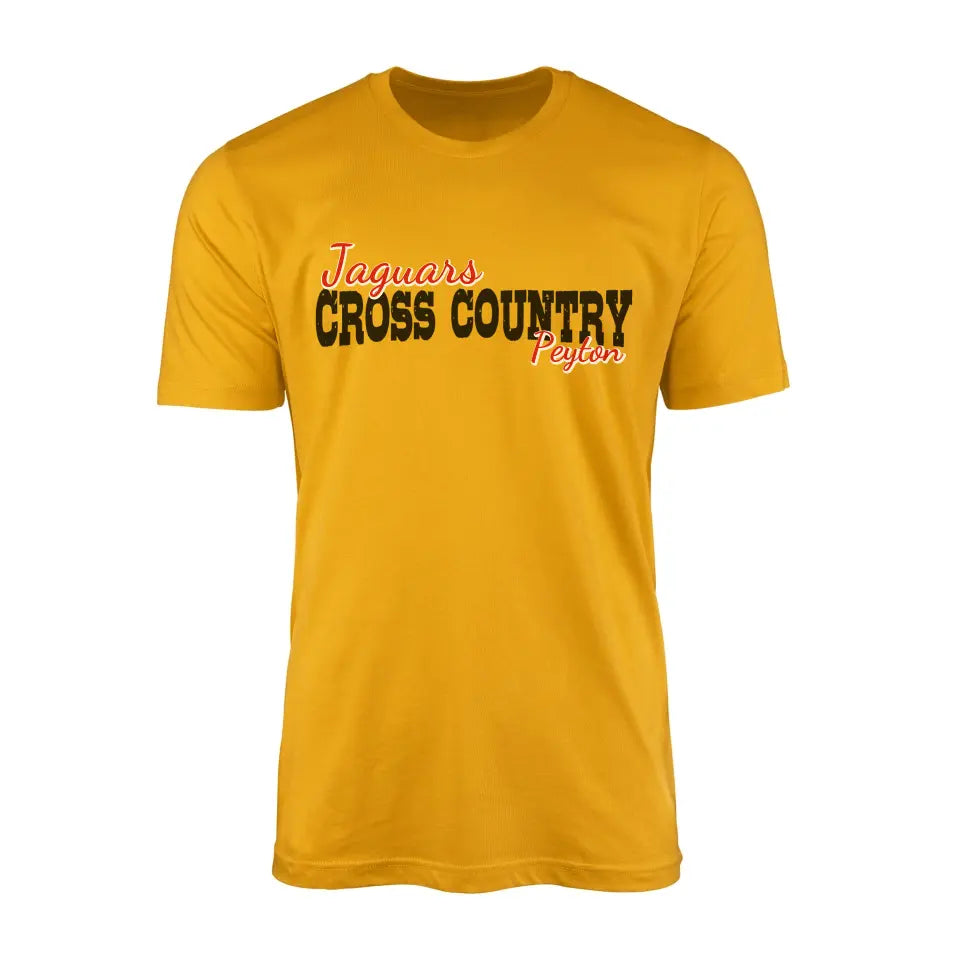 custom cross country mascot and cross country runner name on a mens t-shirt with a black graphic