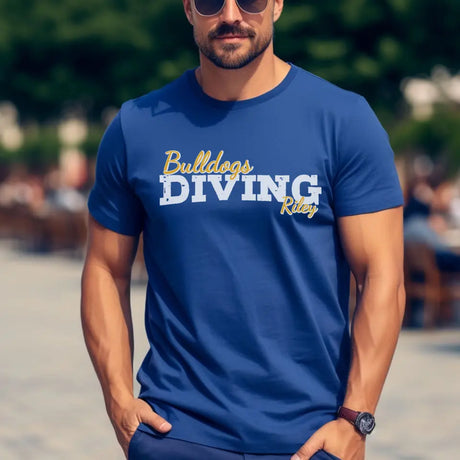 custom diving mascot and diver name on a mens t-shirt with a white graphic