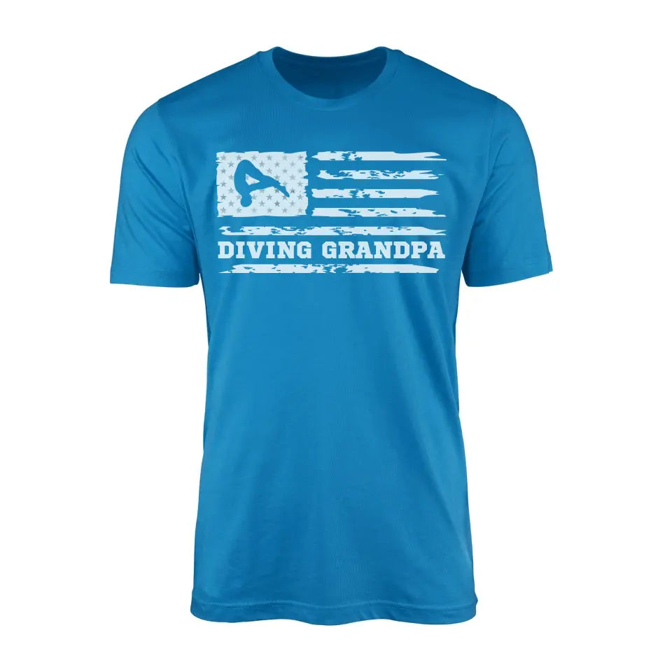 diving grandpa horizontal flag on a mens t-shirt with a white graphic