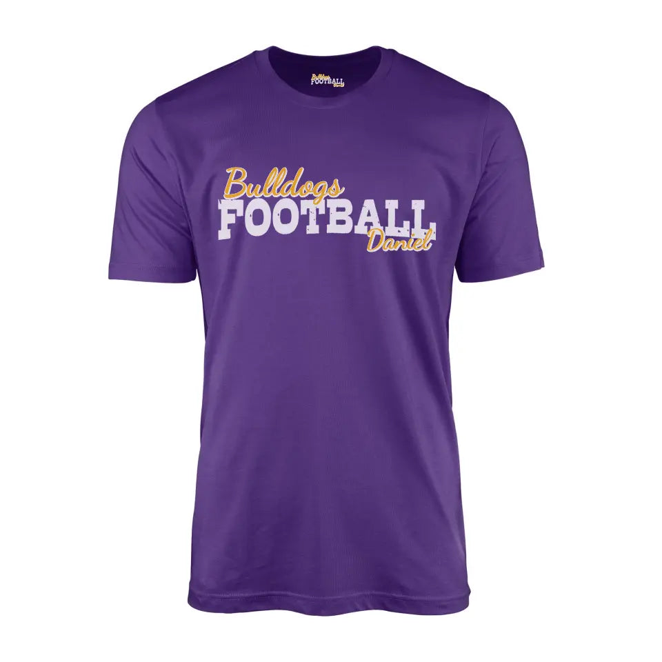 custom football mascot and football player name on a mens t-shirt with a white graphic