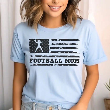 football mom horizontal flag on a unisex t-shirt with a black graphic