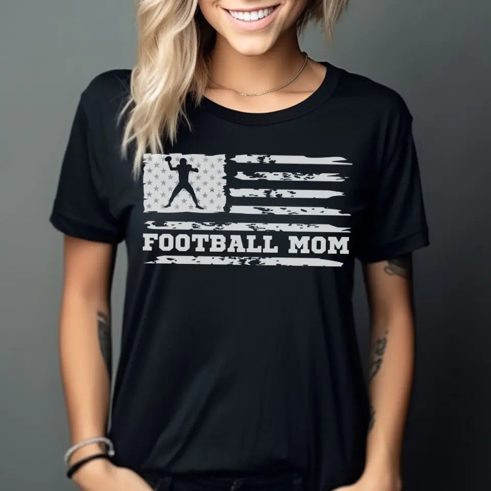 football mom horizontal flag on a unisex t-shirt with a white graphic