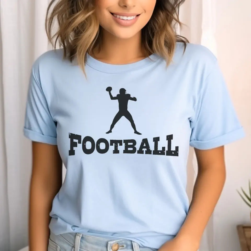 basic football with football player icon on a unisex t-shirt with a black graphic