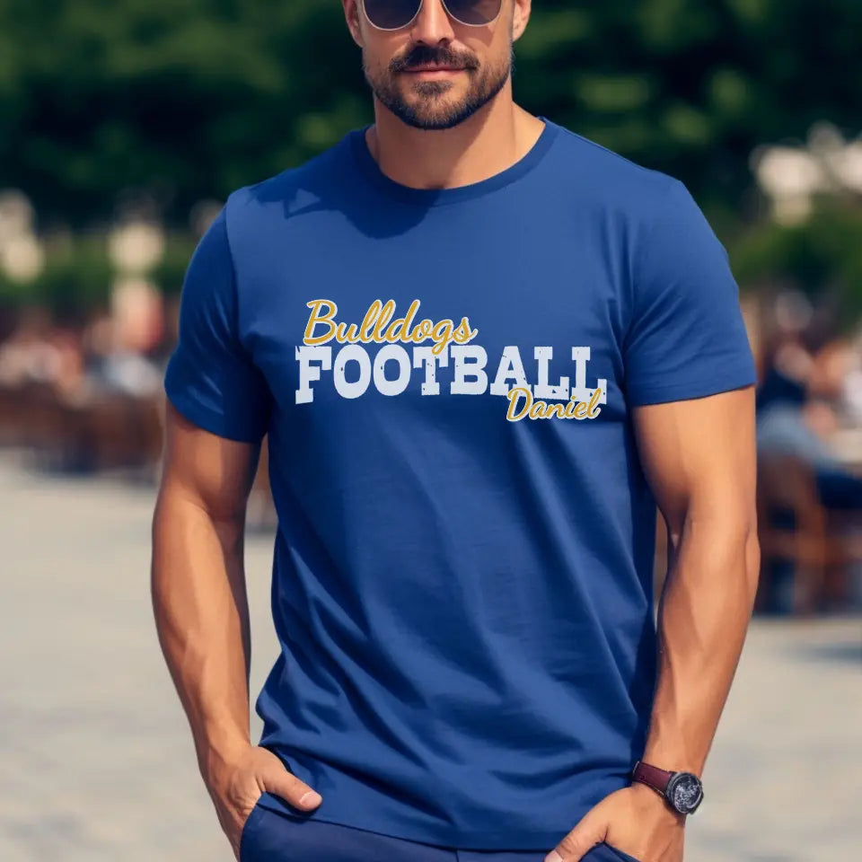 custom football mascot and football player name on a unisex t-shirt with a white graphic