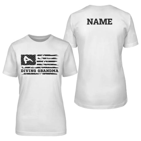 diving grandma horizontal flag with diver name on a unisex t-shirt with a black graphic