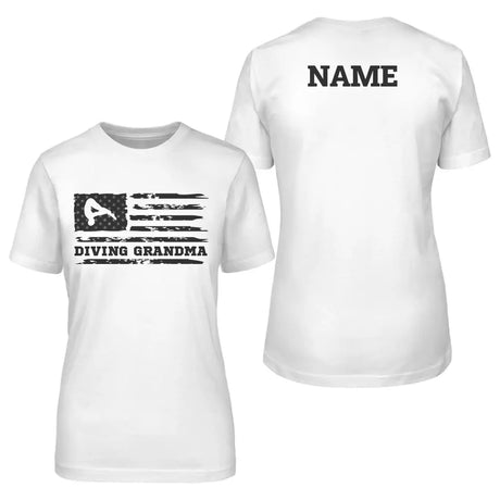 diving grandma horizontal flag with diver name on a unisex t-shirt with a black graphic