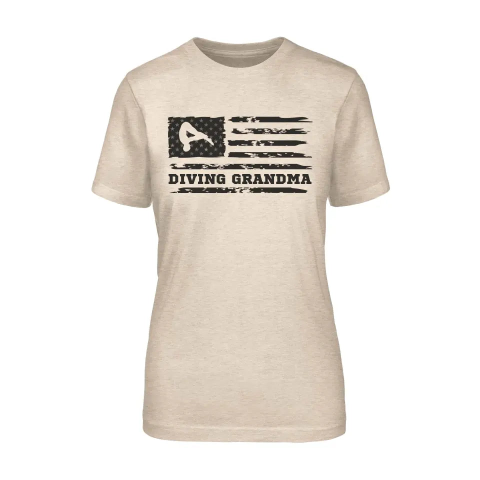 diving grandma horizontal flag on a unisex t-shirt with a black graphic