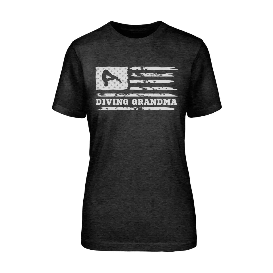 diving grandma horizontal flag on a unisex t-shirt with a white graphic