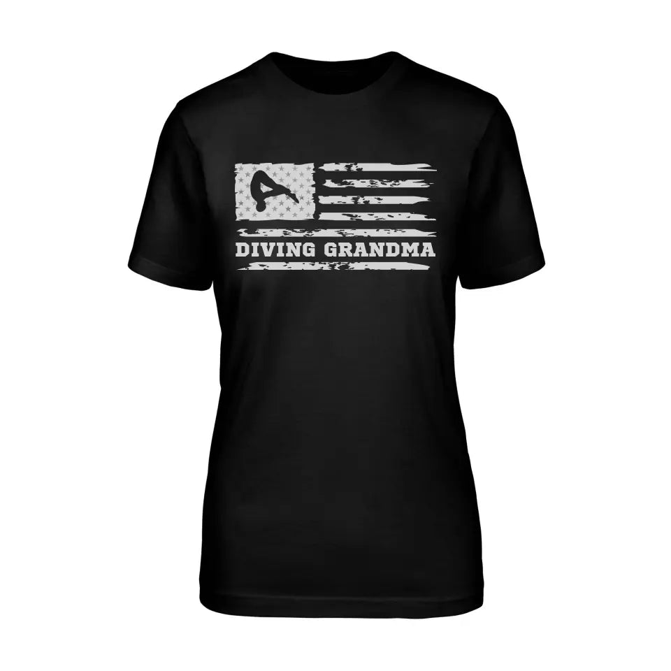 diving grandma horizontal flag on a unisex t-shirt with a white graphic