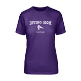 diving mom with diver icon and diver name on a unisex t-shirt with a white graphic