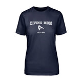 diving mom with diver icon and diver name on a unisex t-shirt with a white graphic