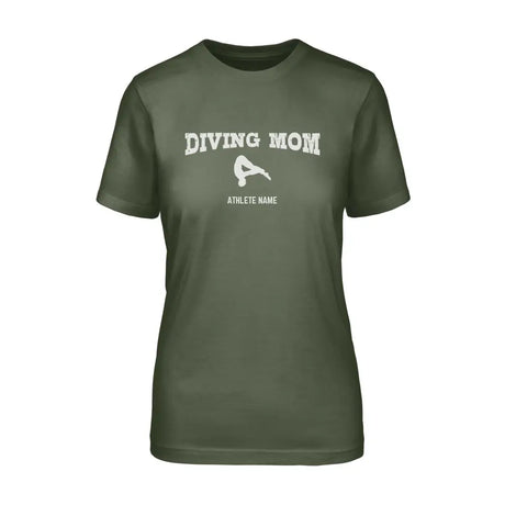 diving mom with diver icon and diver name on a unisex t-shirt with a white graphic