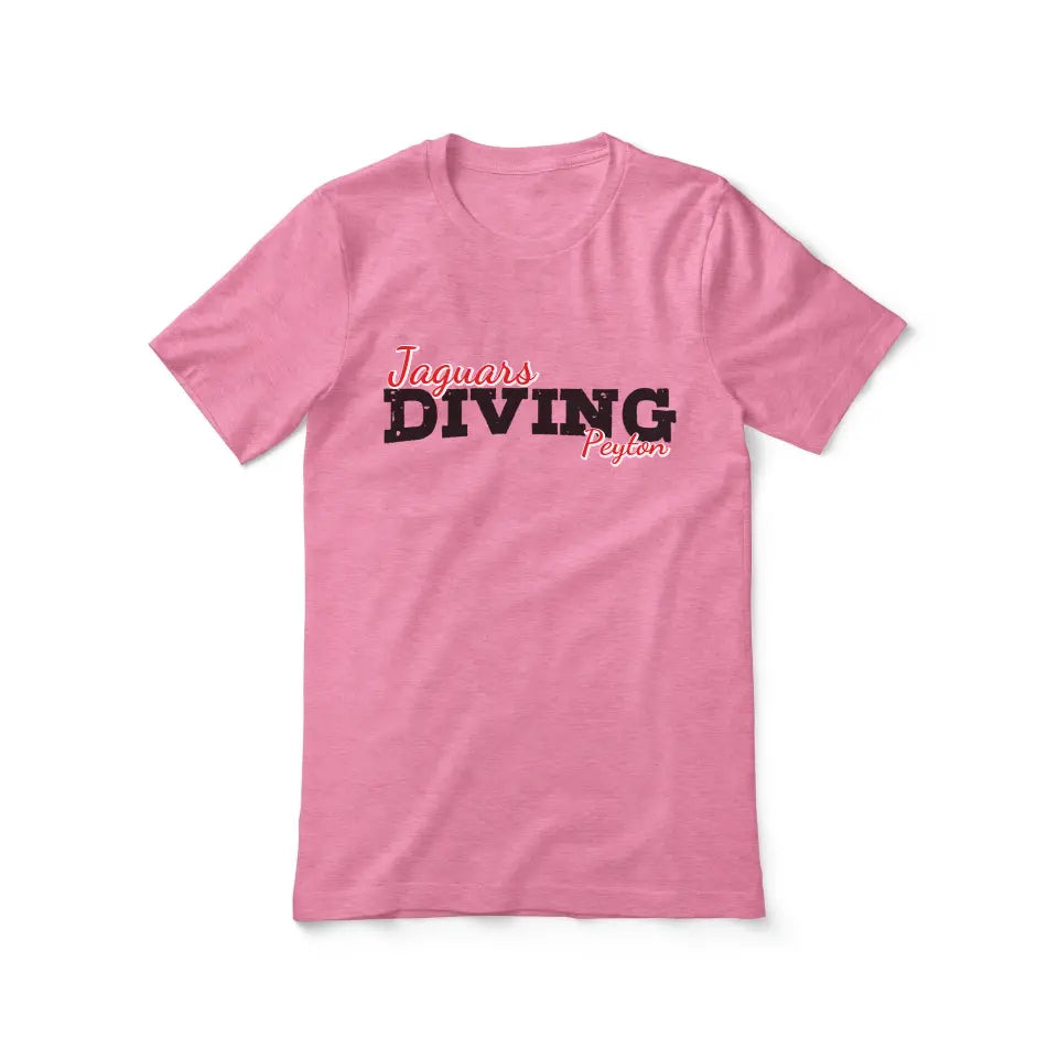 custom diving mascot and diver name on a unisex t-shirt with a black graphic