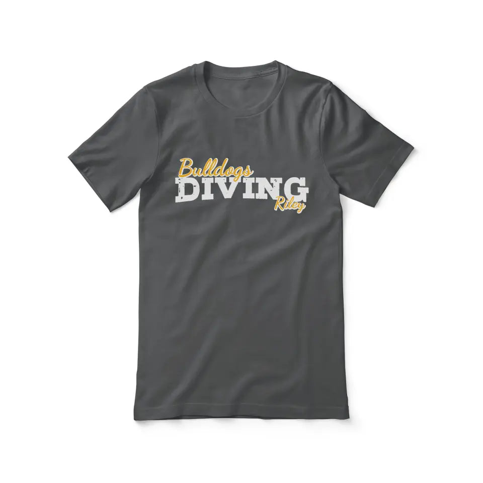 custom diving mascot and diver name on a unisex t-shirt with a white graphic