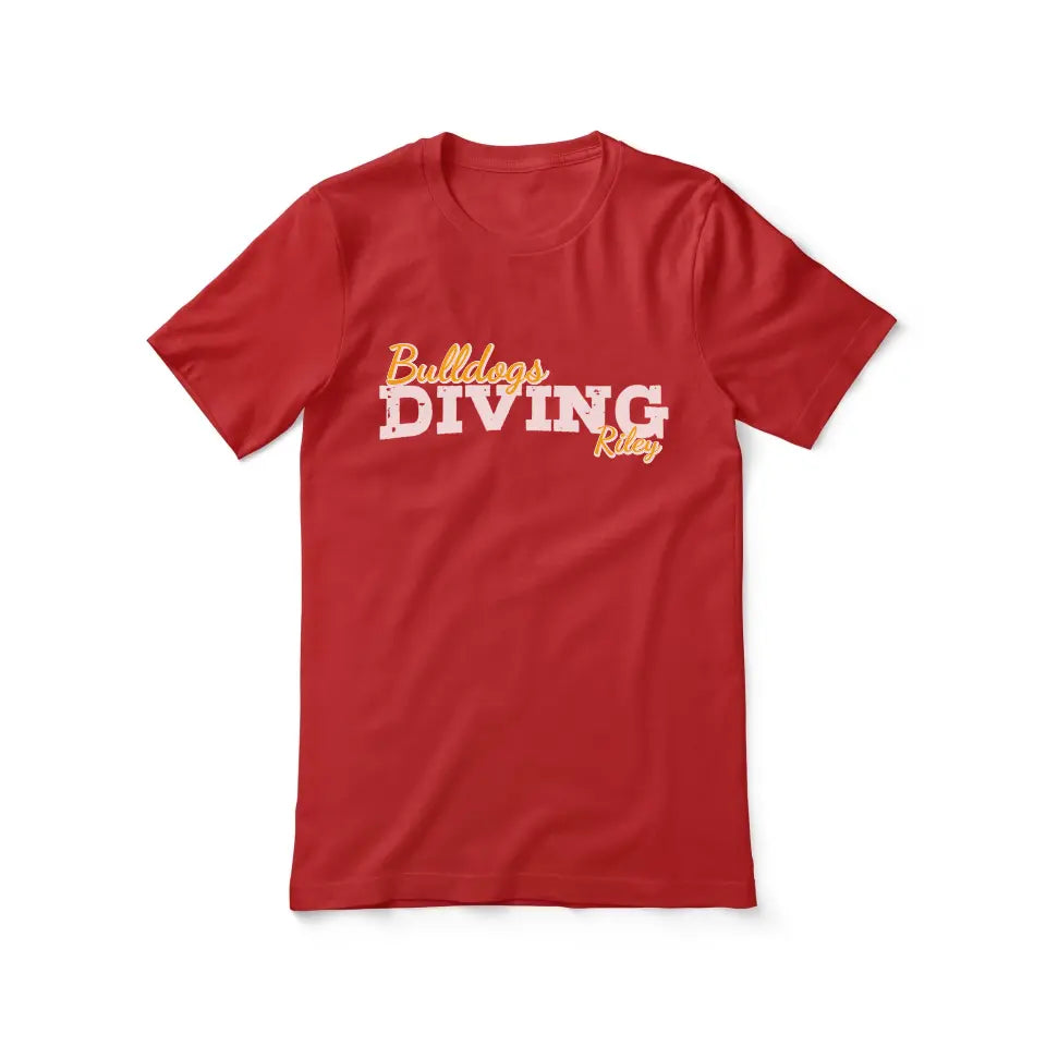 custom diving mascot and diver name on a unisex t-shirt with a white graphic