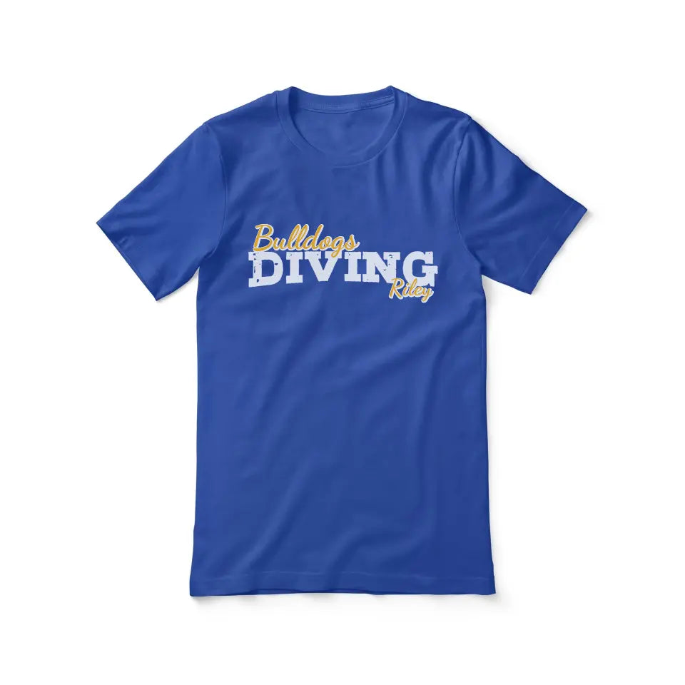 custom diving mascot and diver name on a unisex t-shirt with a white graphic