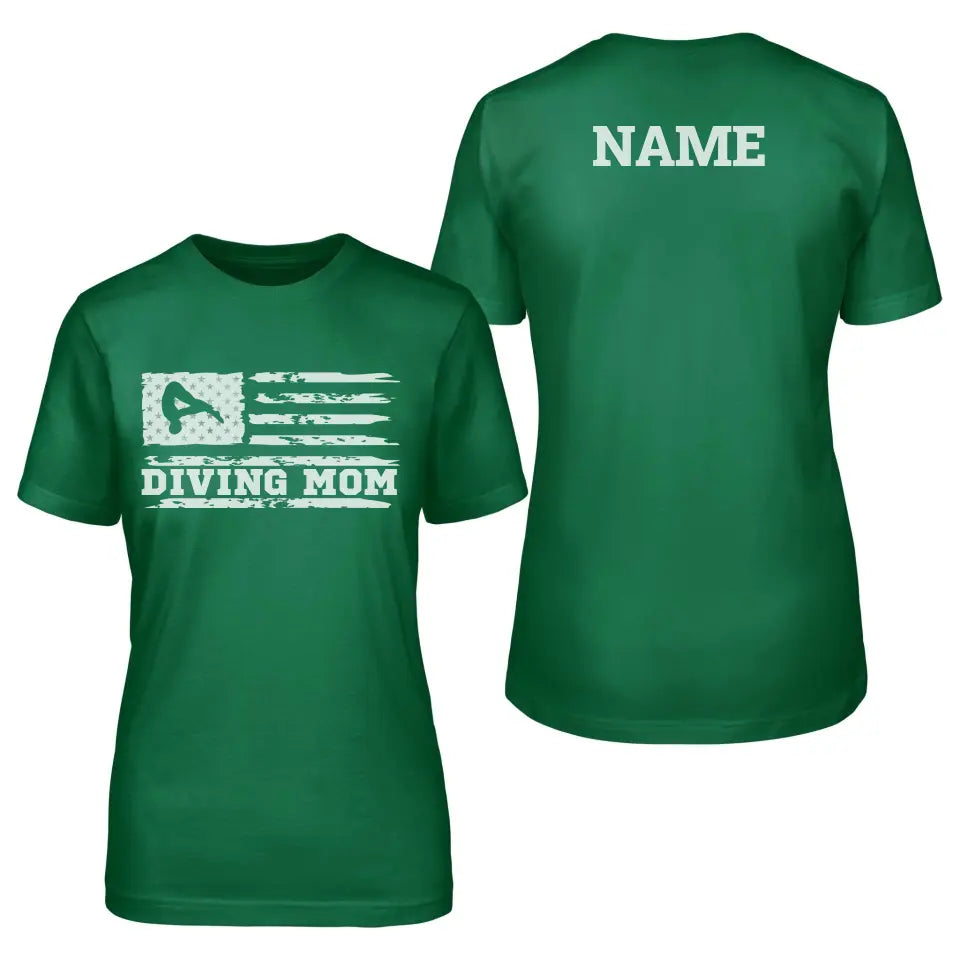 diving mom horizontal flag with diver name on a unisex t-shirt with a white graphic