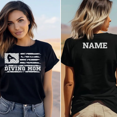 diving mom horizontal flag with diver name on a unisex t-shirt with a white graphic