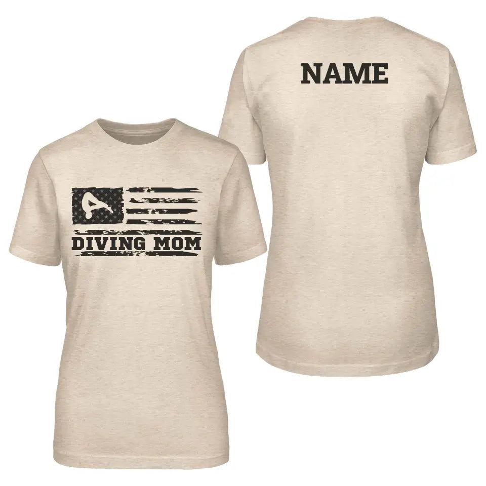 diving mom horizontal flag with diver name on a unisex t-shirt with a black graphic