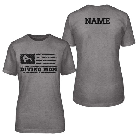 diving mom horizontal flag with diver name on a unisex t-shirt with a black graphic