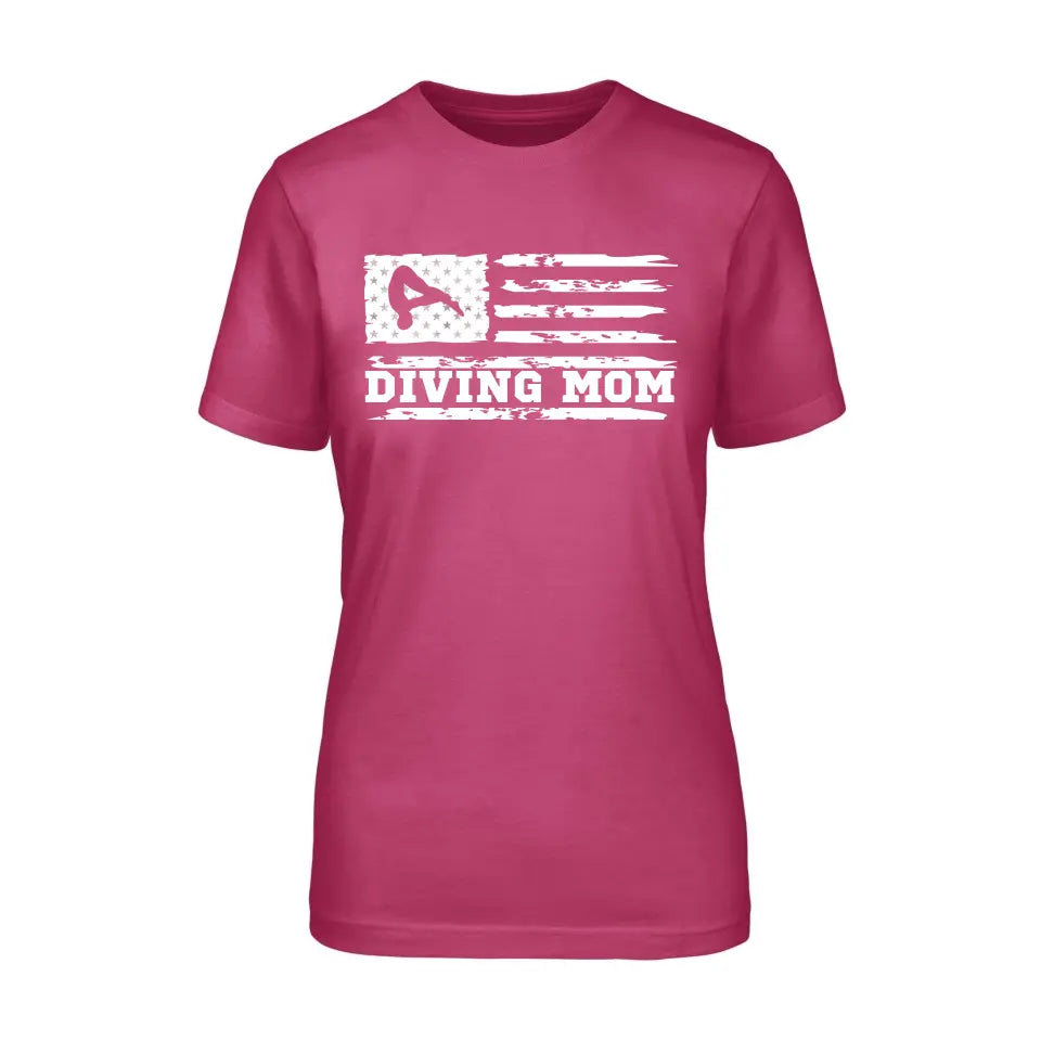 diving mom horizontal flag on a unisex t-shirt with a white graphic