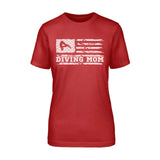 diving mom horizontal flag on a unisex t-shirt with a white graphic