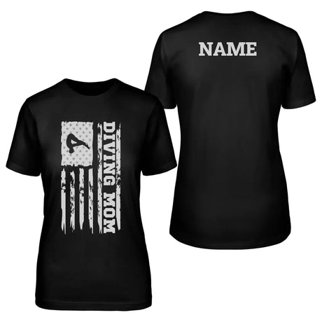 diving mom vertical flag with diver name on a unisex t-shirt with a white graphic