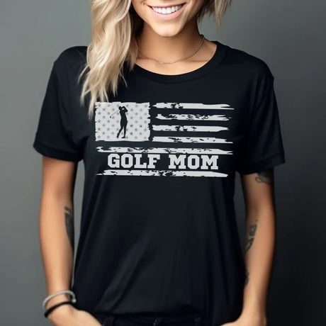 golf mom horizontal flag on a unisex t-shirt with a white graphic