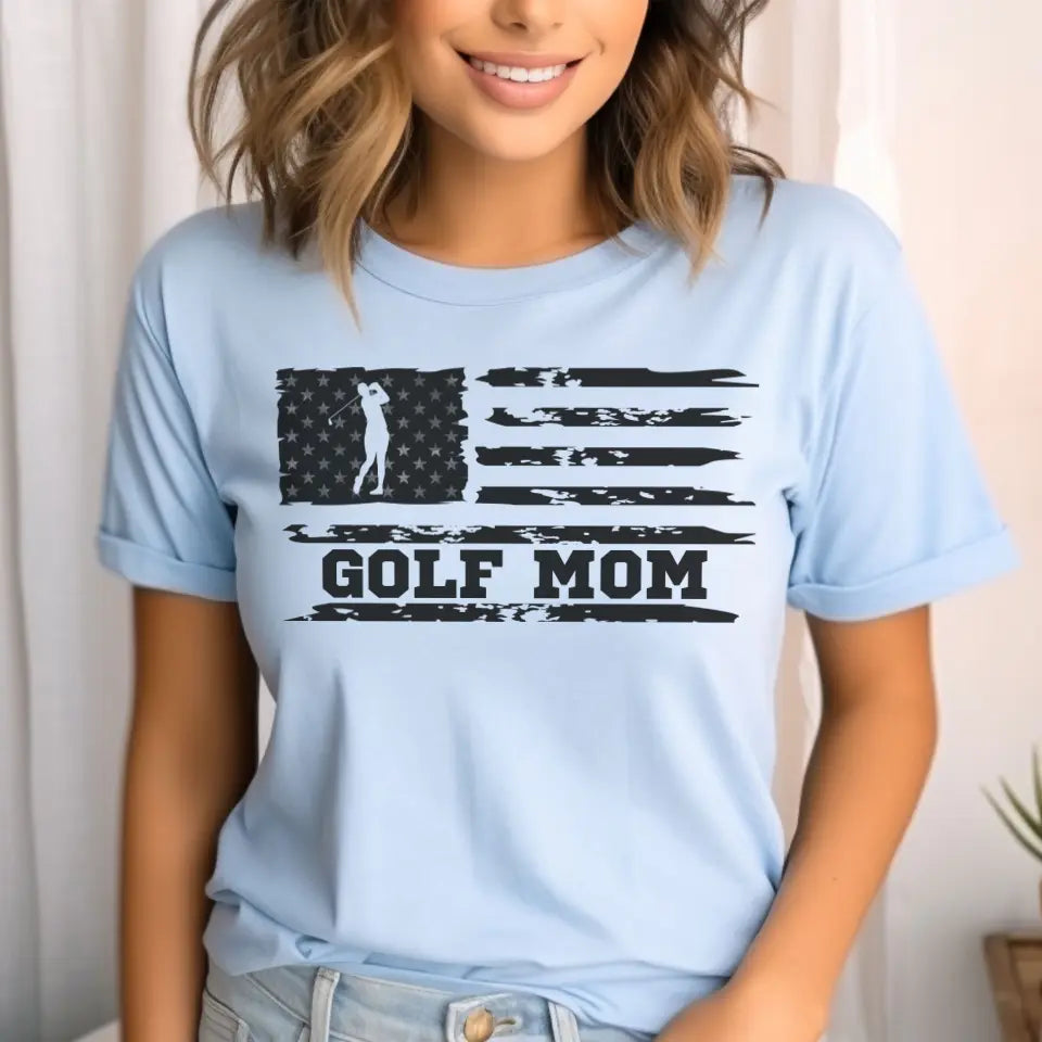 golf mom horizontal flag on a unisex t-shirt with a black graphic