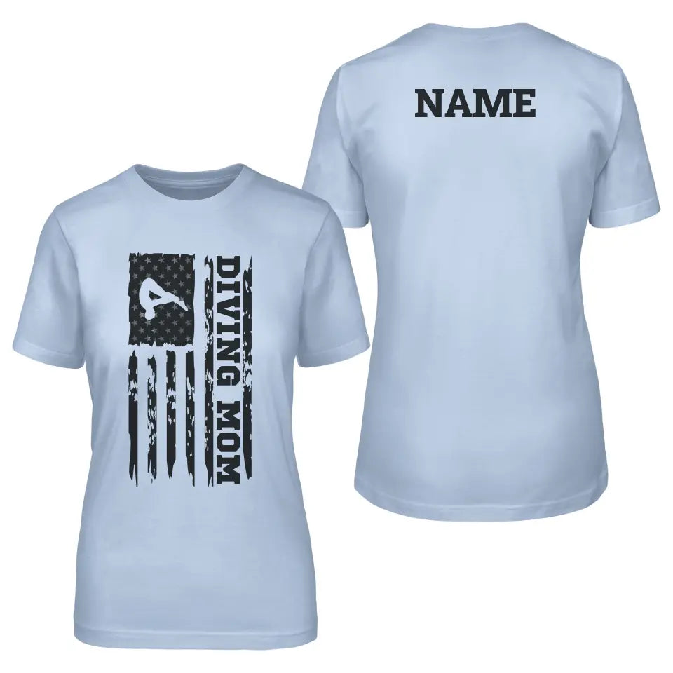 diving mom vertical flag with diver name on a unisex t-shirt with a black graphic