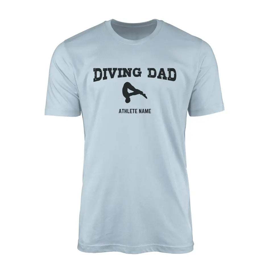 diving dad with diver icon and diver name on a mens t-shirt with a black graphic