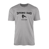 diving dad with diver icon and diver name on a mens t-shirt with a black graphic