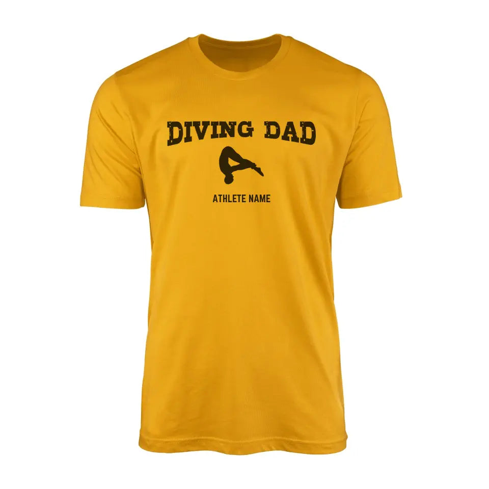 diving dad with diver icon and diver name on a mens t-shirt with a black graphic