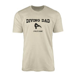 diving dad with diver icon and diver name on a mens t-shirt with a black graphic