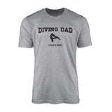 diving dad with diver icon and diver name on a mens t-shirt with a black graphic