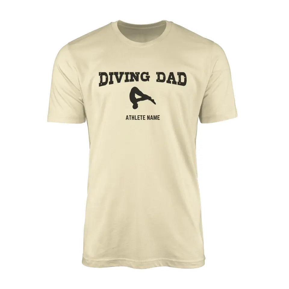 diving dad with diver icon and diver name on a mens t-shirt with a black graphic