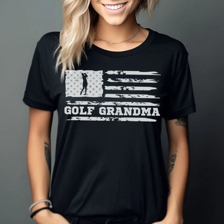 golf grandma horizontal flag on a unisex t-shirt with a white graphic