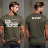 diving dad horizontal flag with diver name on a mens t-shirt with a white graphic