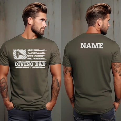 diving dad horizontal flag with diver name on a mens t-shirt with a white graphic