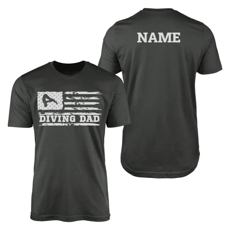 diving dad horizontal flag with diver name on a mens t-shirt with a white graphic