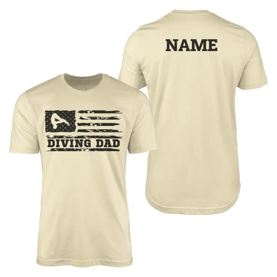 diving dad horizontal flag with diver name on a mens t-shirt with a black graphic