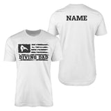 diving dad horizontal flag with diver name on a mens t-shirt with a black graphic